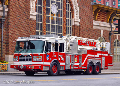 Yonkers Fire Department NY fire trucks apparatus Ferrara Inferno HD mid-mount aerial platform fire engine mobile command post American LaFrance Eagle LTI Smeal fire engine Larry Shapiro photographer shapirophotography.net #larryshapiro